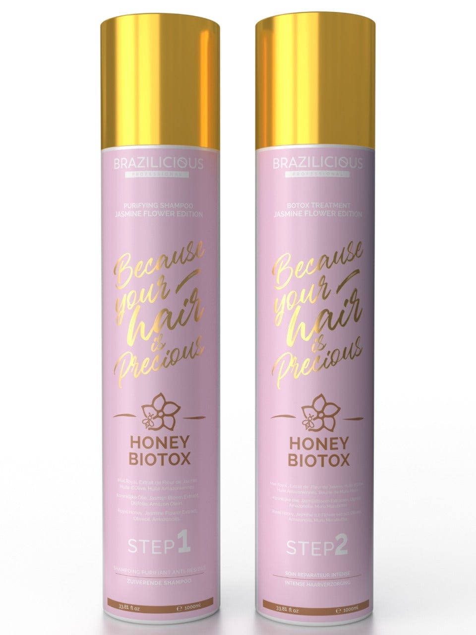 Honey Biotox von Brazilicious Professional. Nach der ersten Behandlung sind die Haare gesünder und spürbar glänzend. Angereichert mit reinem Bio-Honig, Jasminblüten-Extrakt und Muru Muru Ölen 