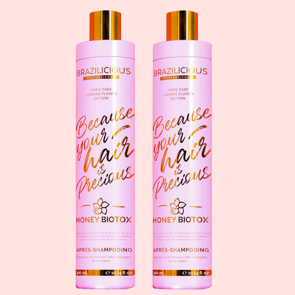 Flaschen des Honey Biotox Conditoners. Ein luxuriöser Conditioner, der Feuchtigkeit spendet, das Haar stärkt und für seidigen Glanz sorgt